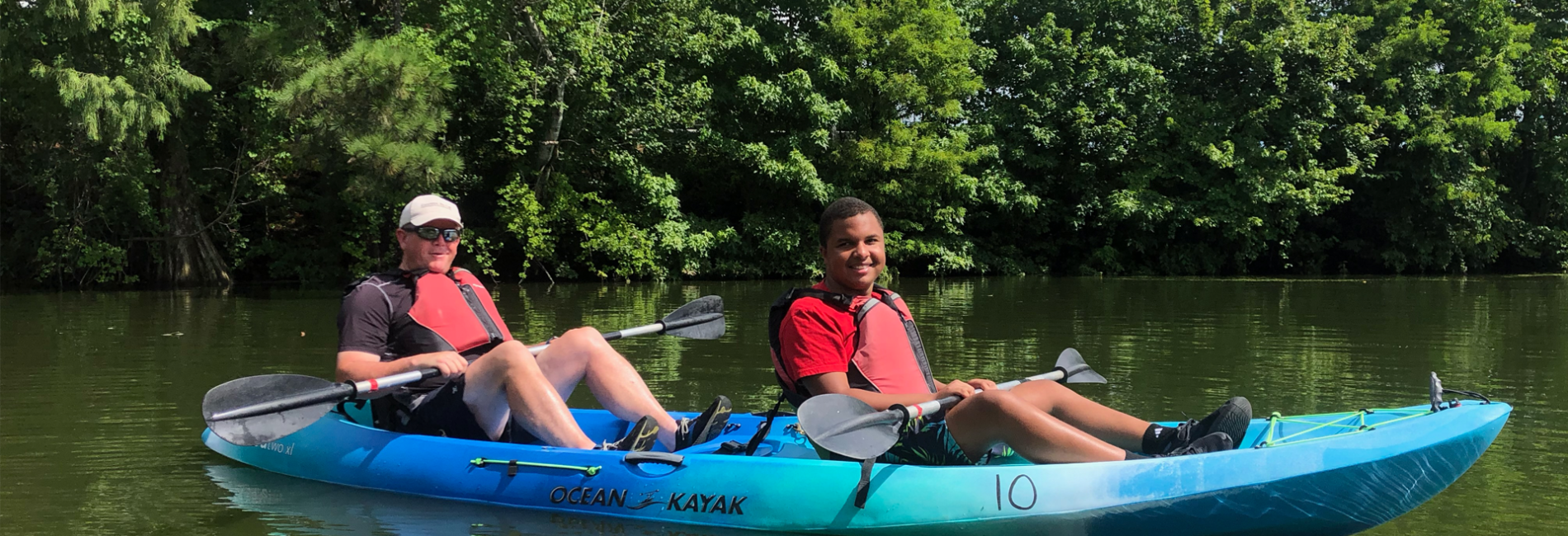 Pair of kayackers in boat on water