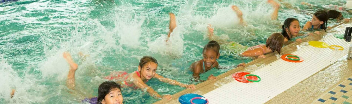 Students on Wall of Swimming Pool